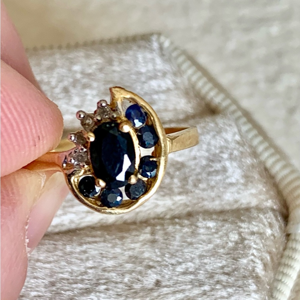 14K SOLID GOLD GENUINE 1.2CT SAPPHIRE & DIAMONDS RING